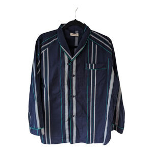 Matsunaga Mens Size Medium Button Up Shirt Navy Green White Striped Long Sleeves
